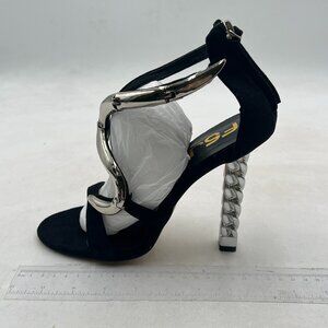 FSJ Silver S Metal Chain Chunky High Heels Ankle Strap Sandals Open Toe Shoes